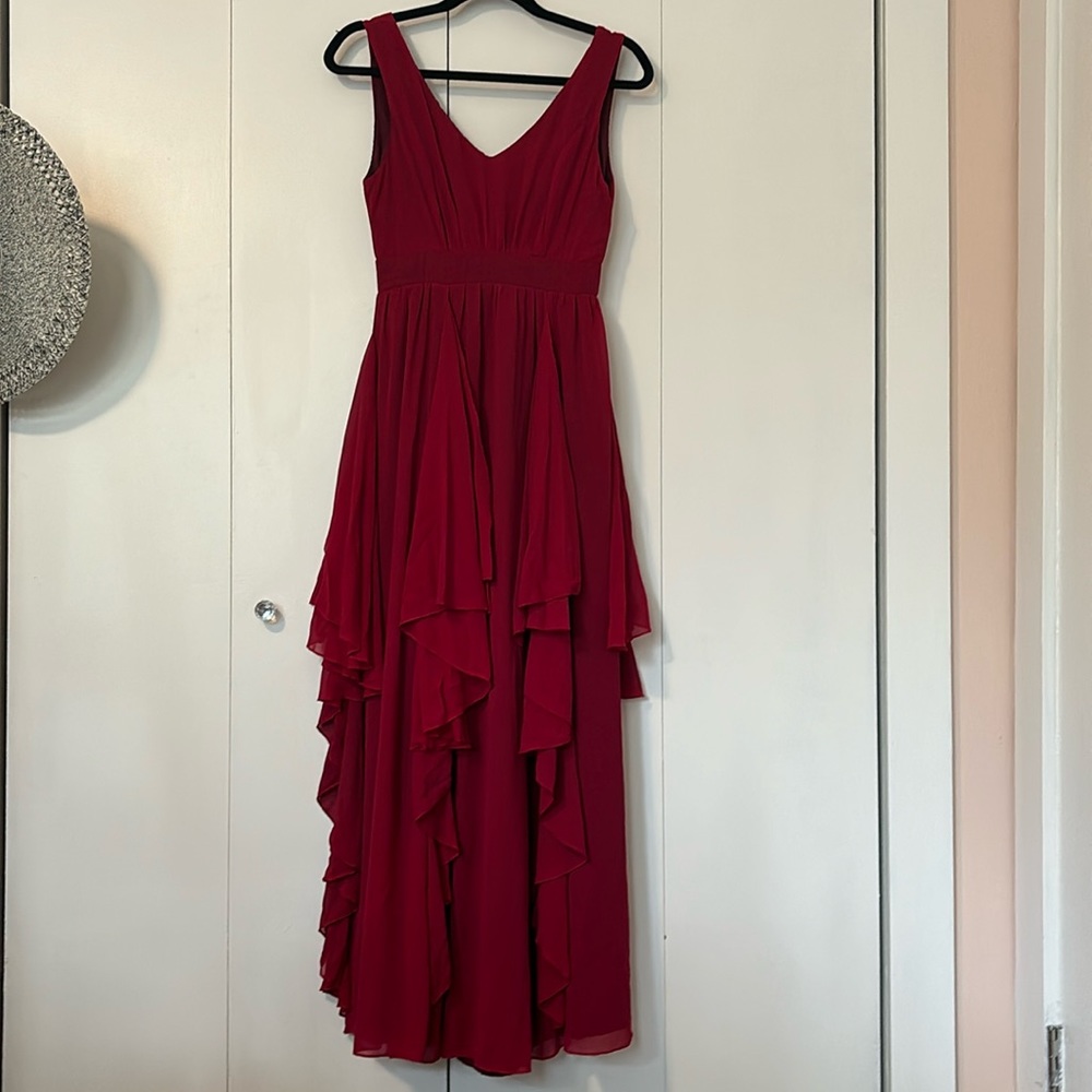 Red ruffle bridesmaid dress